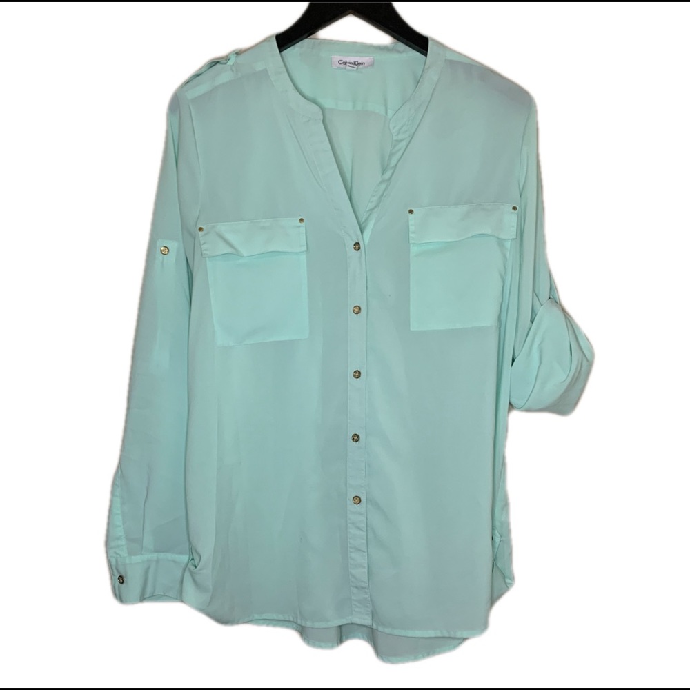 Calvin Klein Button Down Aqua Blouse in Size L